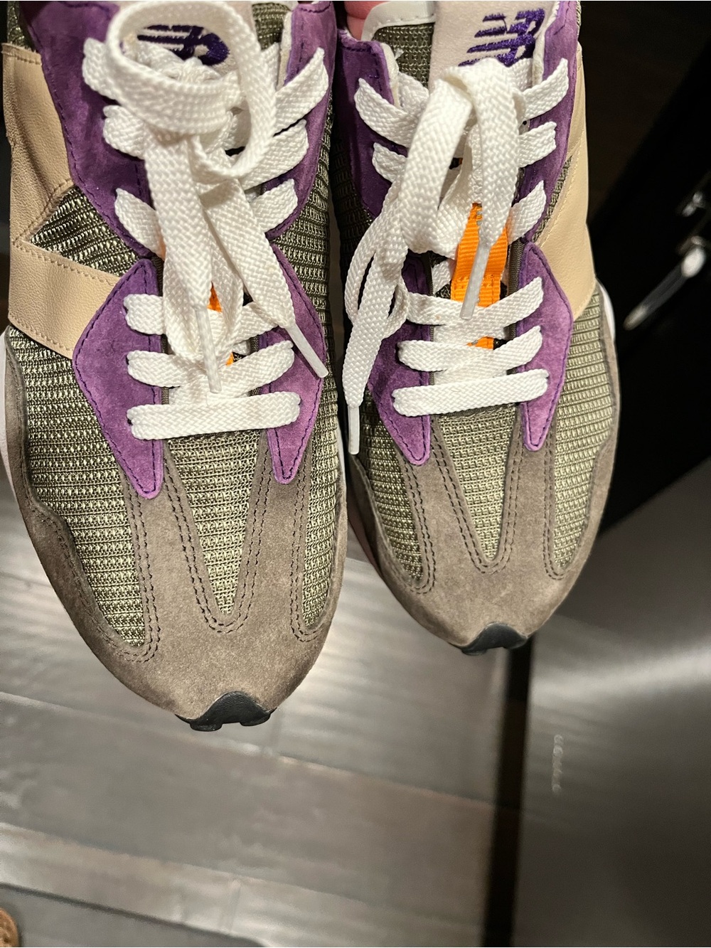 New Balance Olive Mesh Sneakers with Purple & Beige Accents